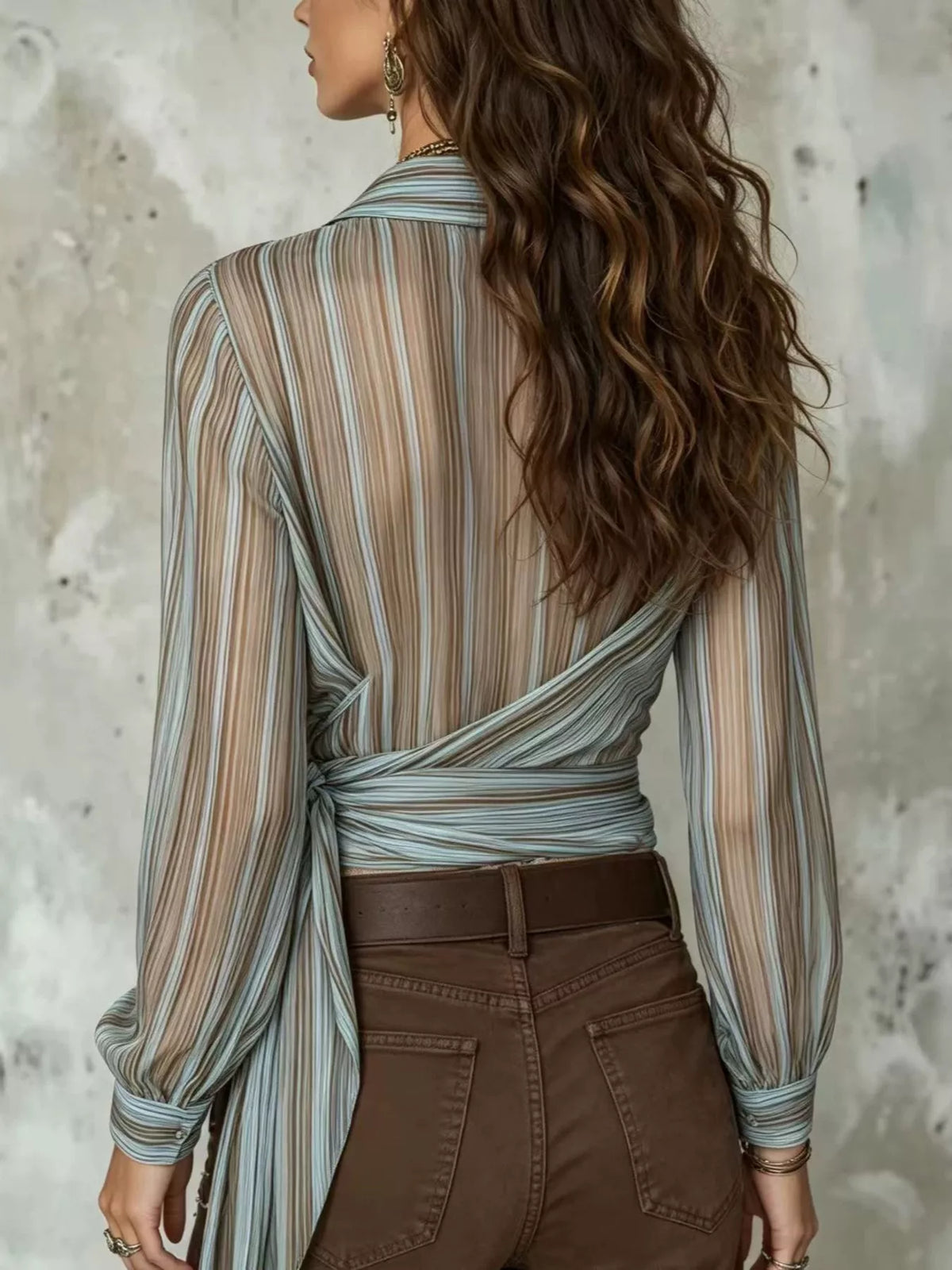 Striped Wrap Shirt with Tie-Front Detail - Sage - View 3