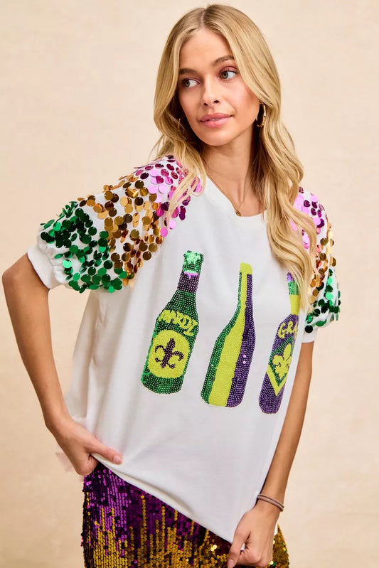 BiBi Sequin Mardi Gras Bottles Spangled Sleeve Top - product photo 2