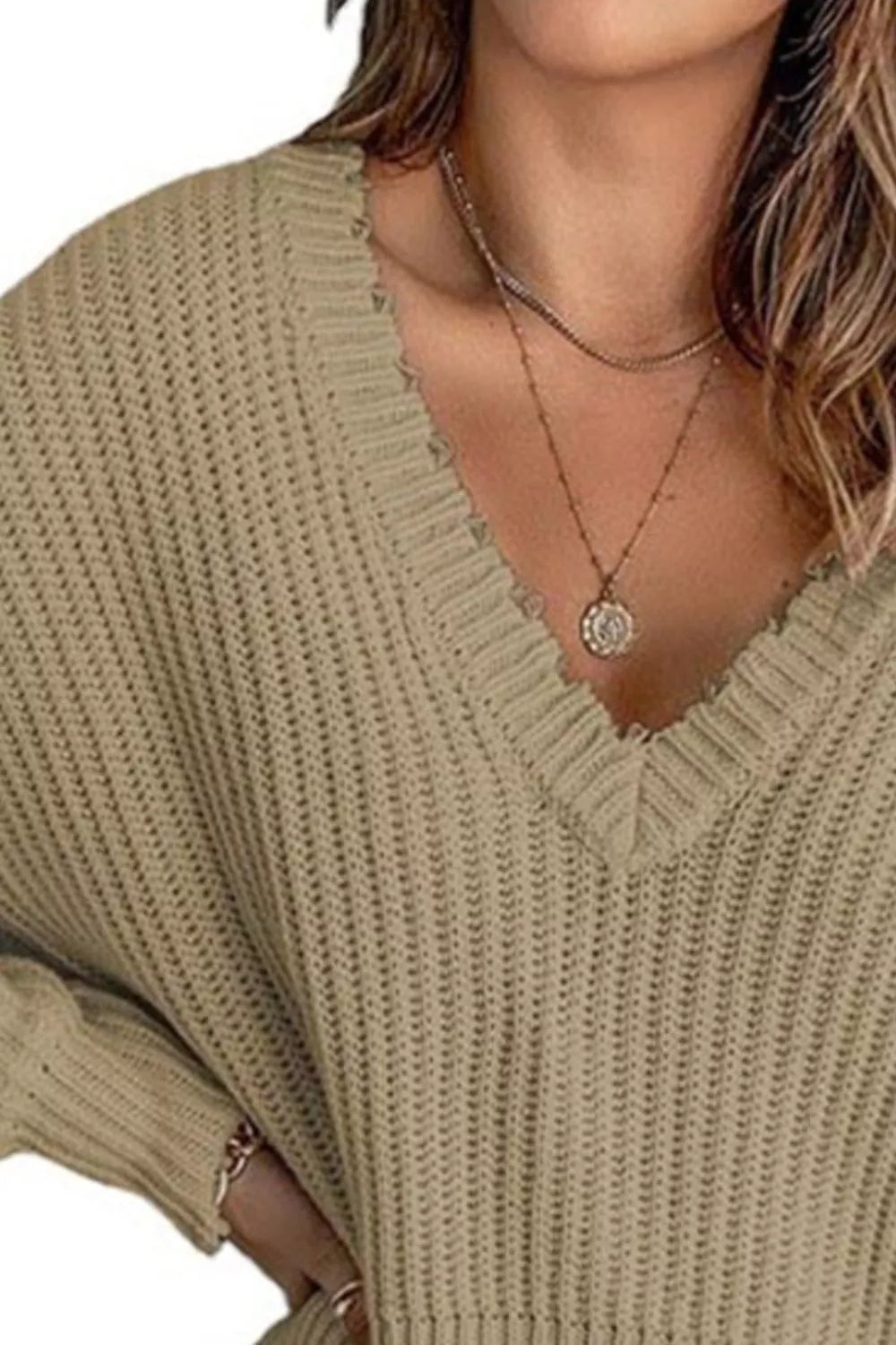 Full Size Raw Hem V-Neck Sweater Plus Size - Khaki - View 2