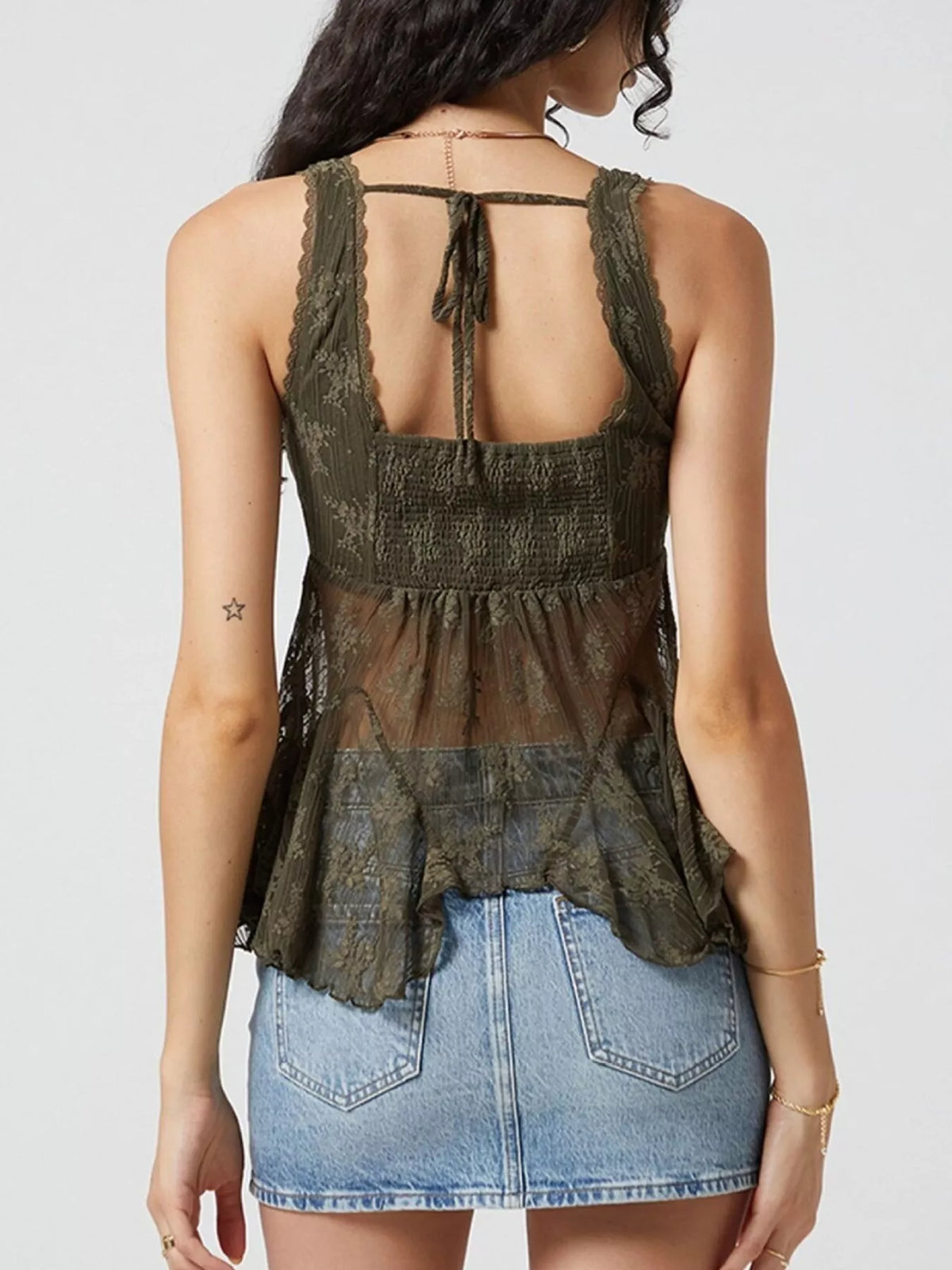 Lace V-Neck Tank - Olive - View 4