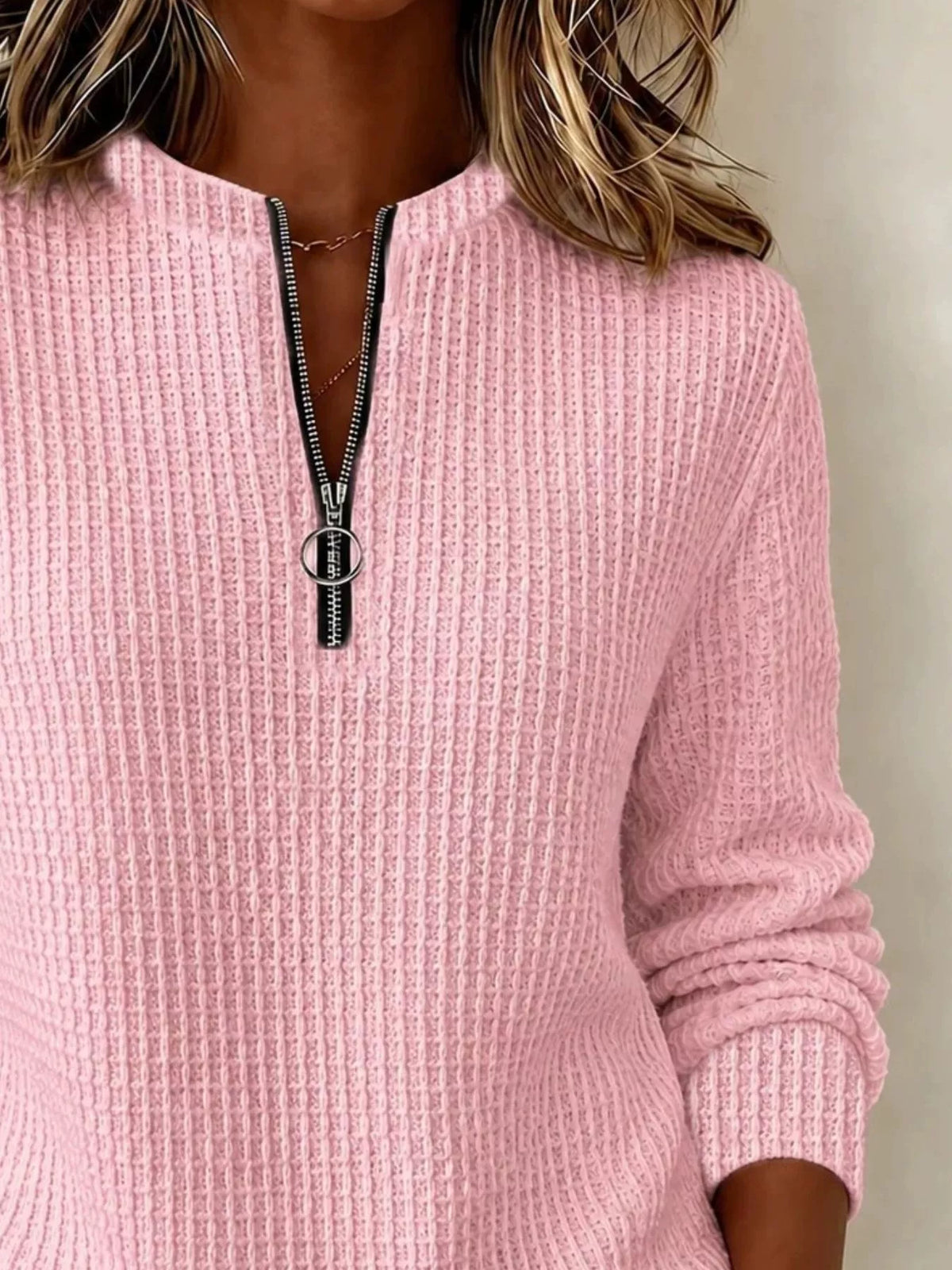 Full Size Quarter-Zip Textured Sweatshirt Plus Size - Pink - View 10