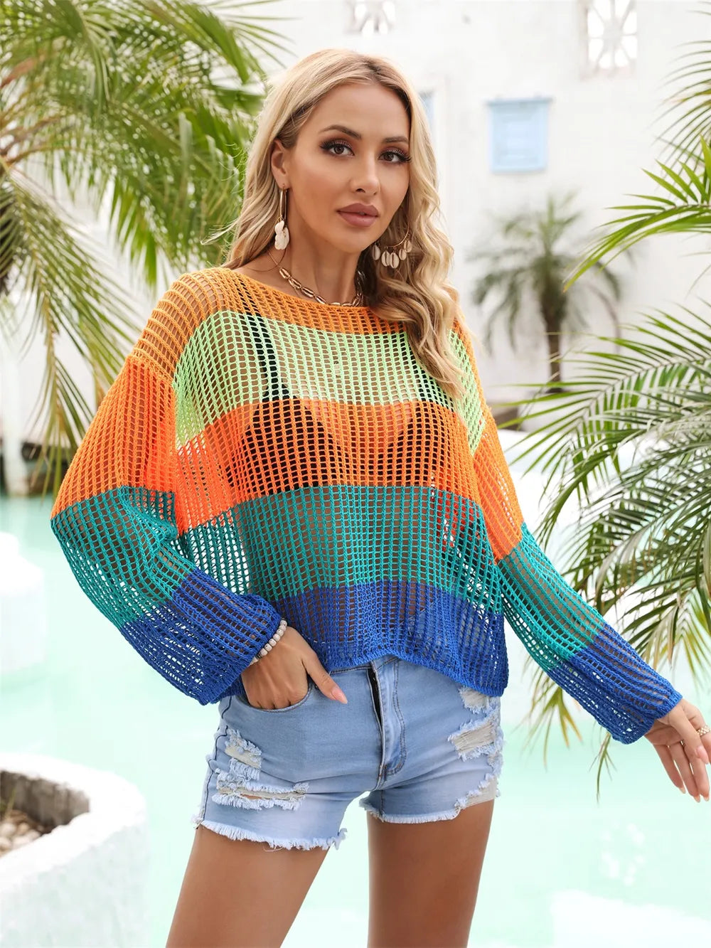 Angel Wings Color Block Openwork Boat Neck Cover Up - Turquoise - View 13