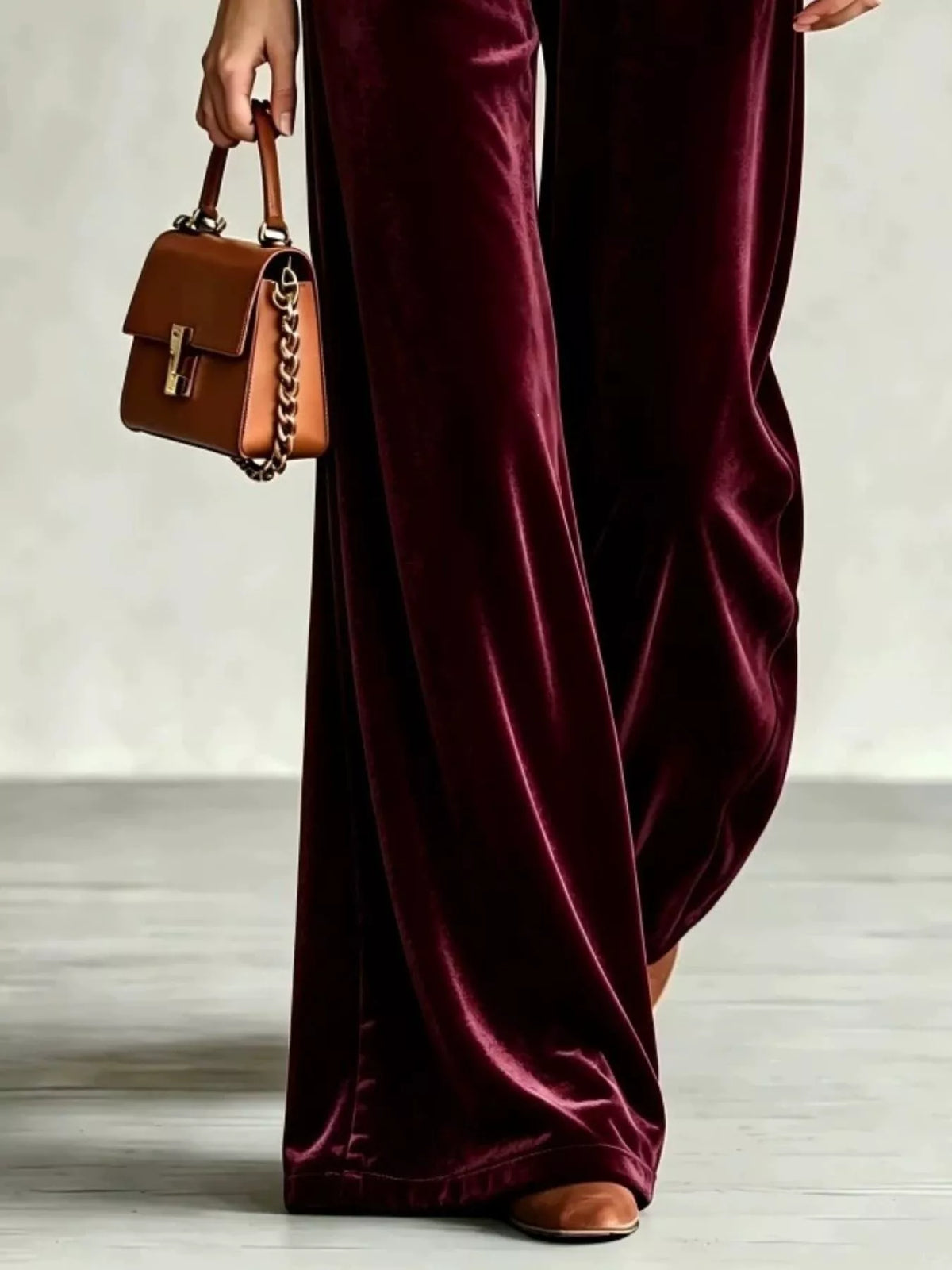 Velvet Wide-Leg Pants with Drawstring - Burgundy - View 2