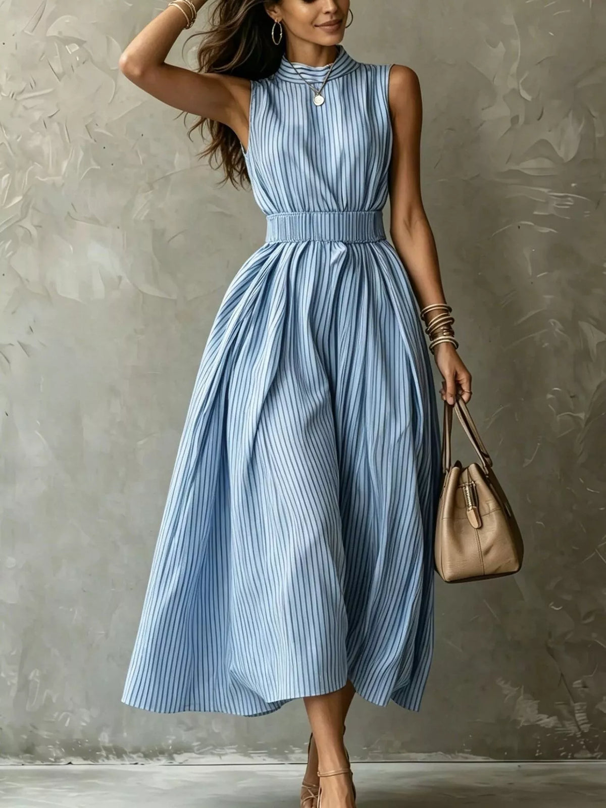 Striped Mock Neck Sleeveless Maxi Dress - Pastel  Blue - View 1