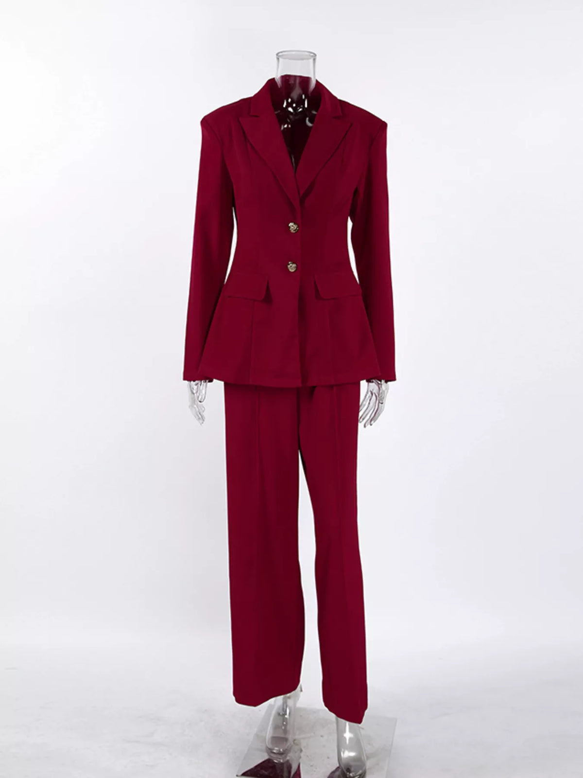 Single-Breasted Blazer and Wide-Leg Pants Set - Burgundy - View 6