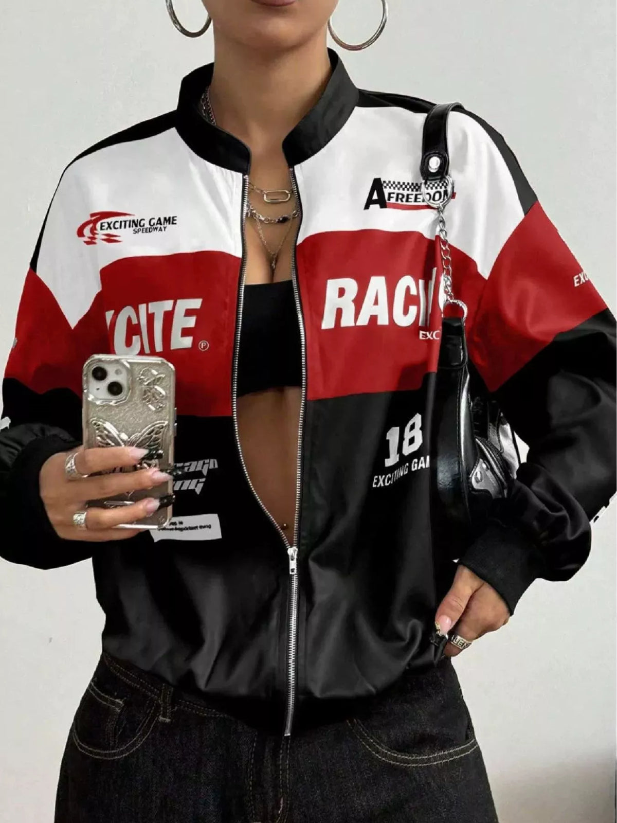 Letter Print Zip Up Jacket - Black - View 1