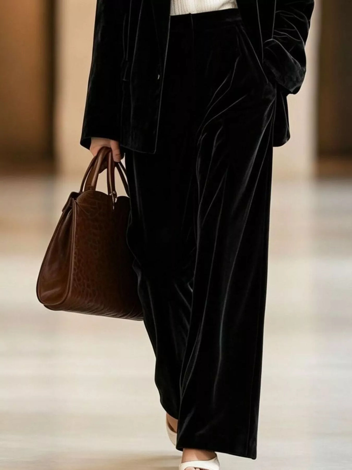 Velvet Blazer and Wide-Leg Pants Two-Piece Set - Black - View 3