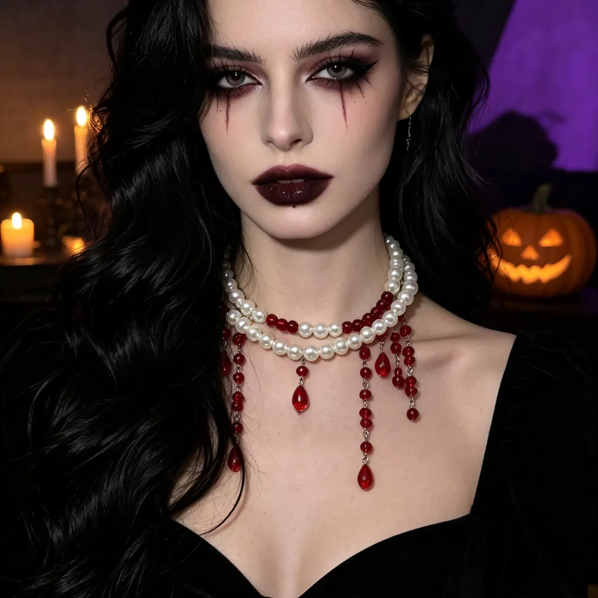 Halloween Pearl Double Layered Choker Necklace - Burgundy - View 1