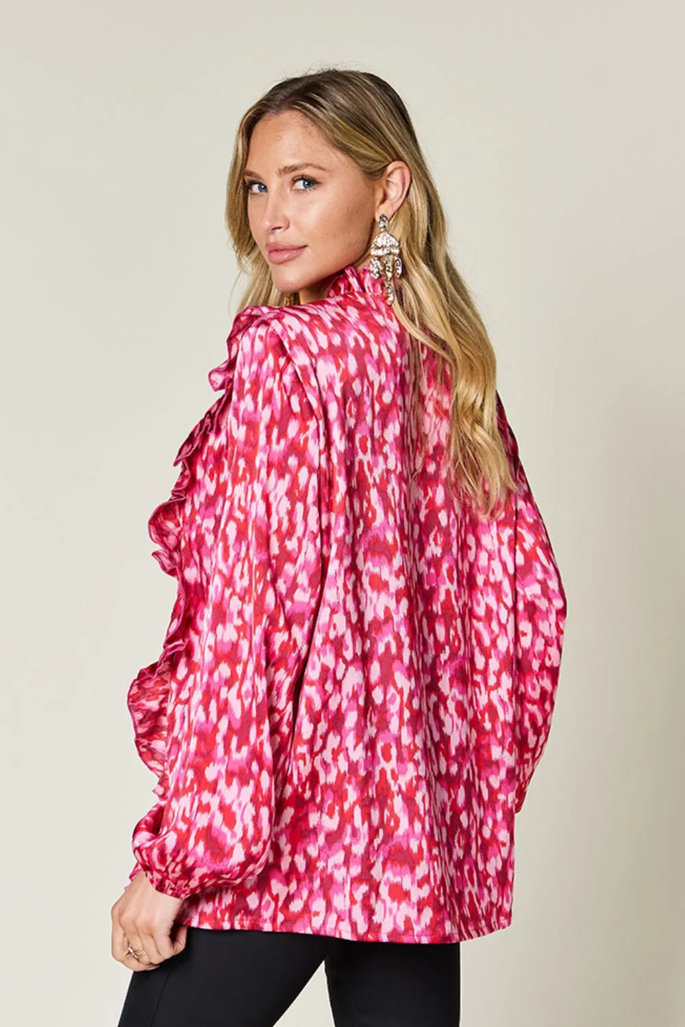 Double Take Full Size Printed Ruffle Trim Balloon Sleeve Shirt Plus Size - Hot Pink - View 3