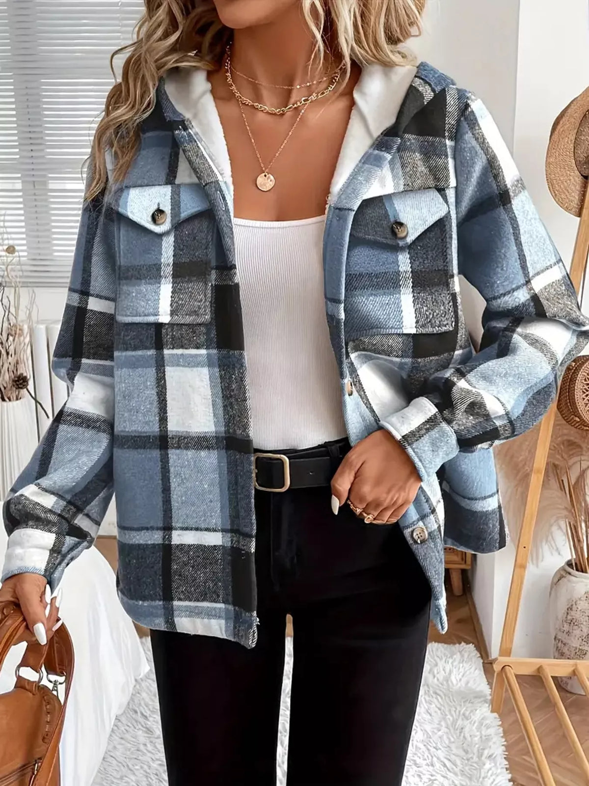 Fleece-Lined Plaid Button Up Shacket - Light Blue - View 6