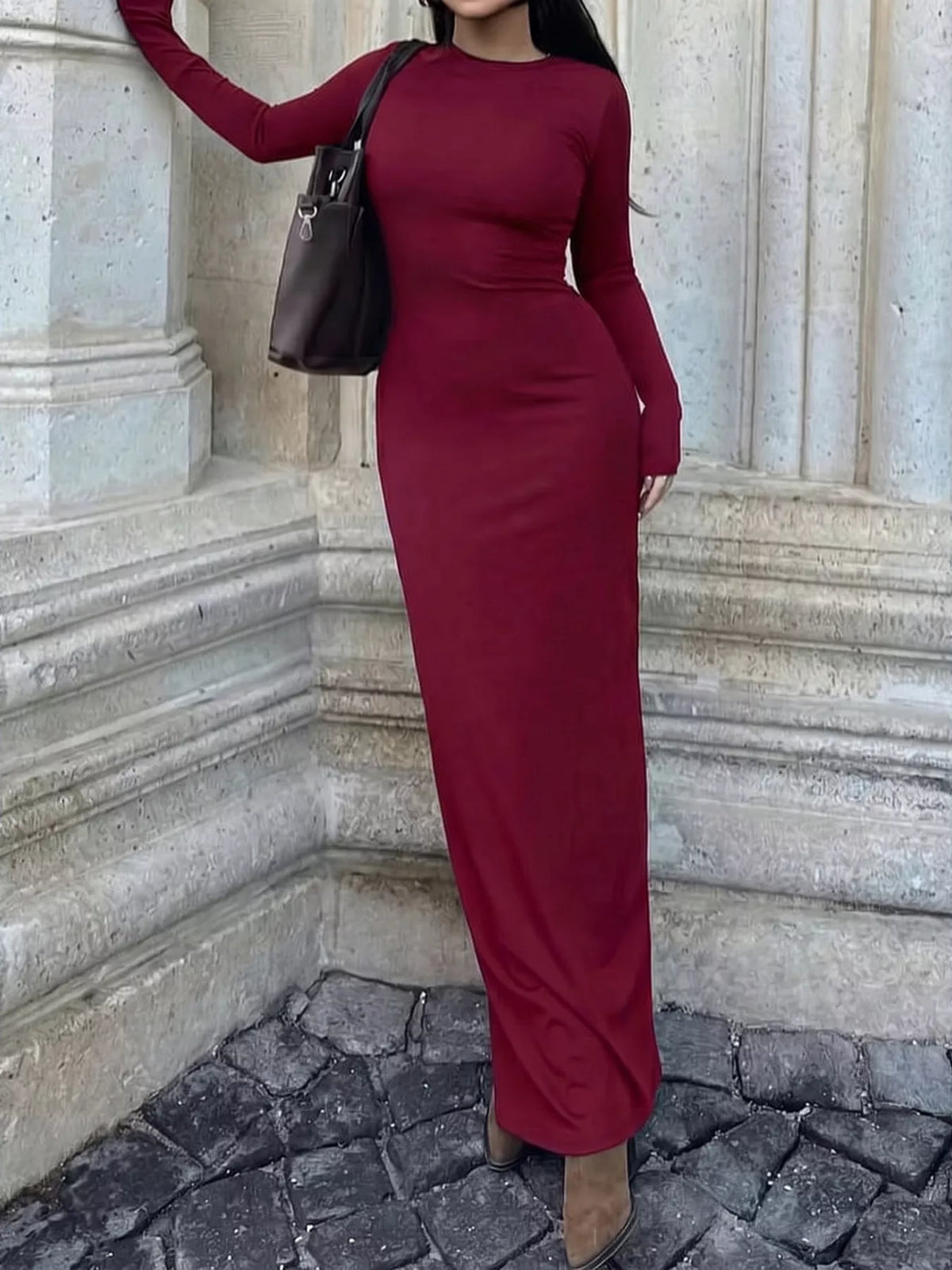 Long-Sleeve Bodycon Maxi Dress - Wine Red - View 4