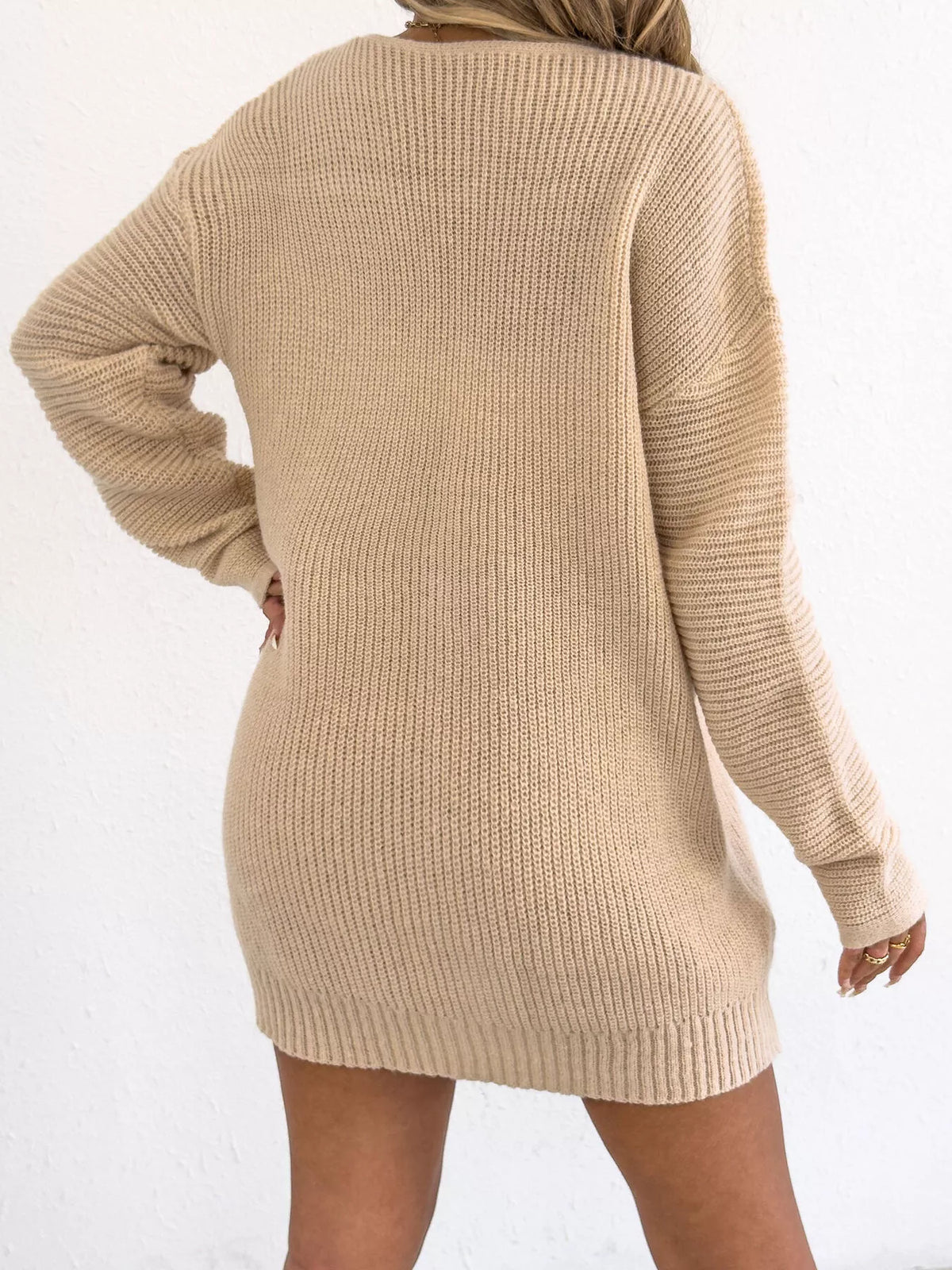 Bow Ribbed Knit Sweater Dress - Apricot - View 5