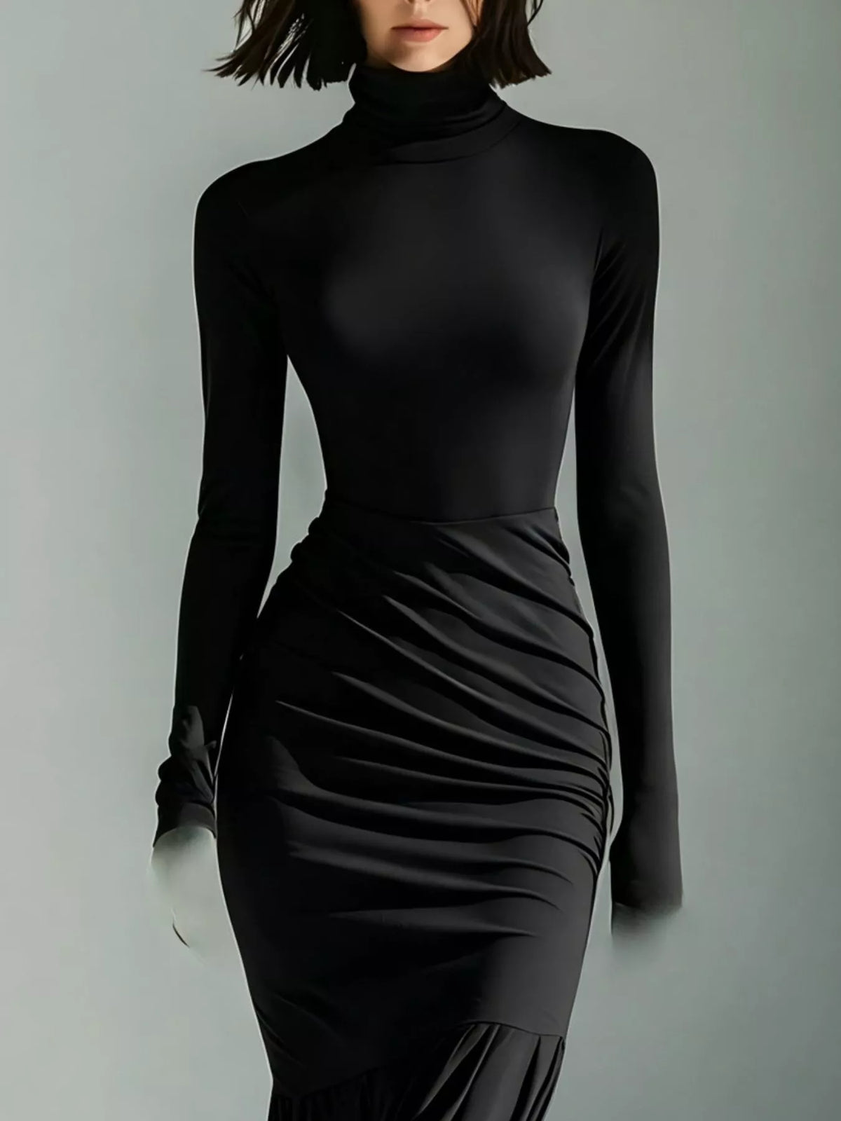 Full Size Slit Turtleneck Ruched Bodycon Mermaid Dress Plus Size - Black - View 2