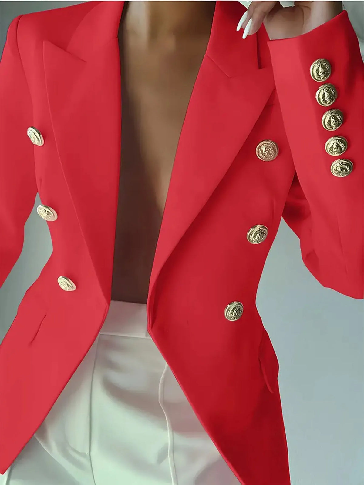 Decor Button Lapel Collar Blazer - Red - View 15