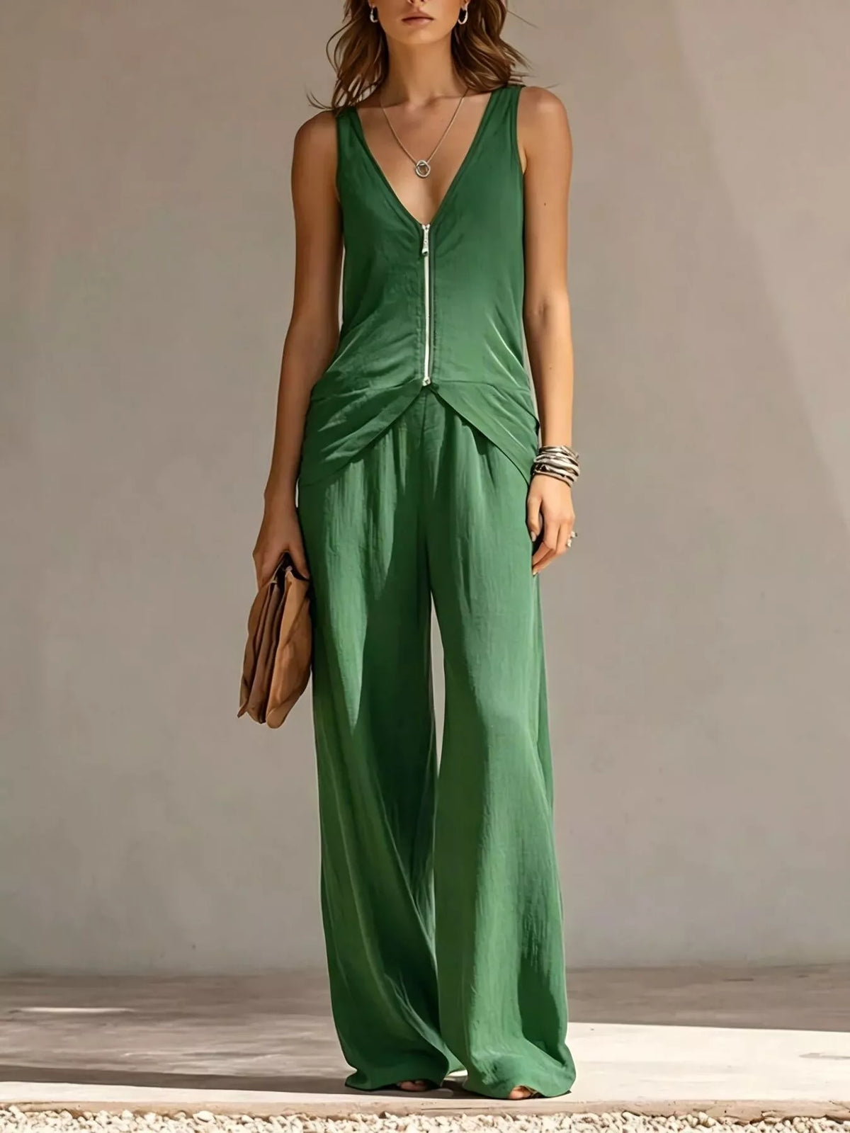 Full Size Zipper Front Tank and Wide-Leg Pants Set Plus Size - Green - View 1