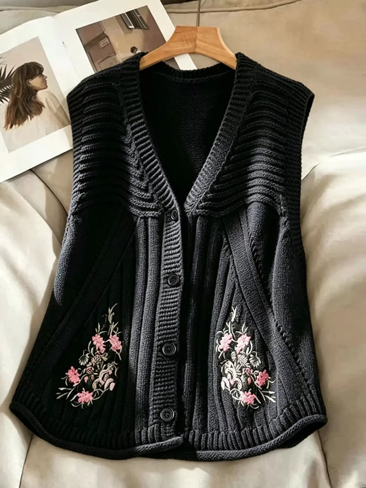 Floral Embroidered V-Neck Button-Down Sweater Vest - Black - View 1