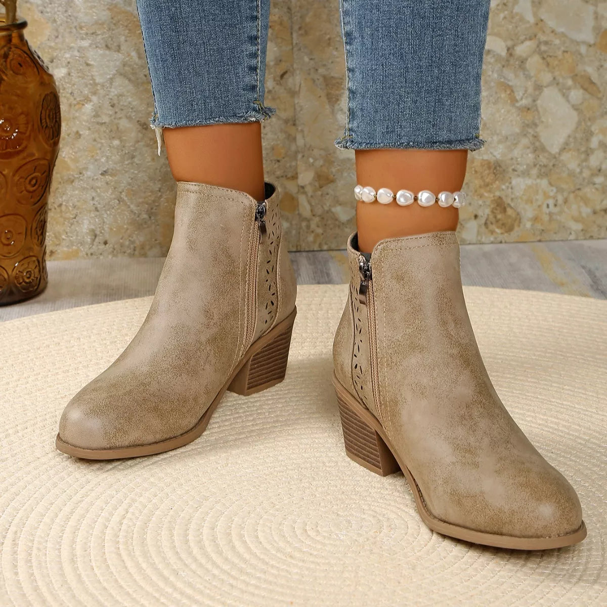Point Toe Block Heels Boots - Khaki - View 23