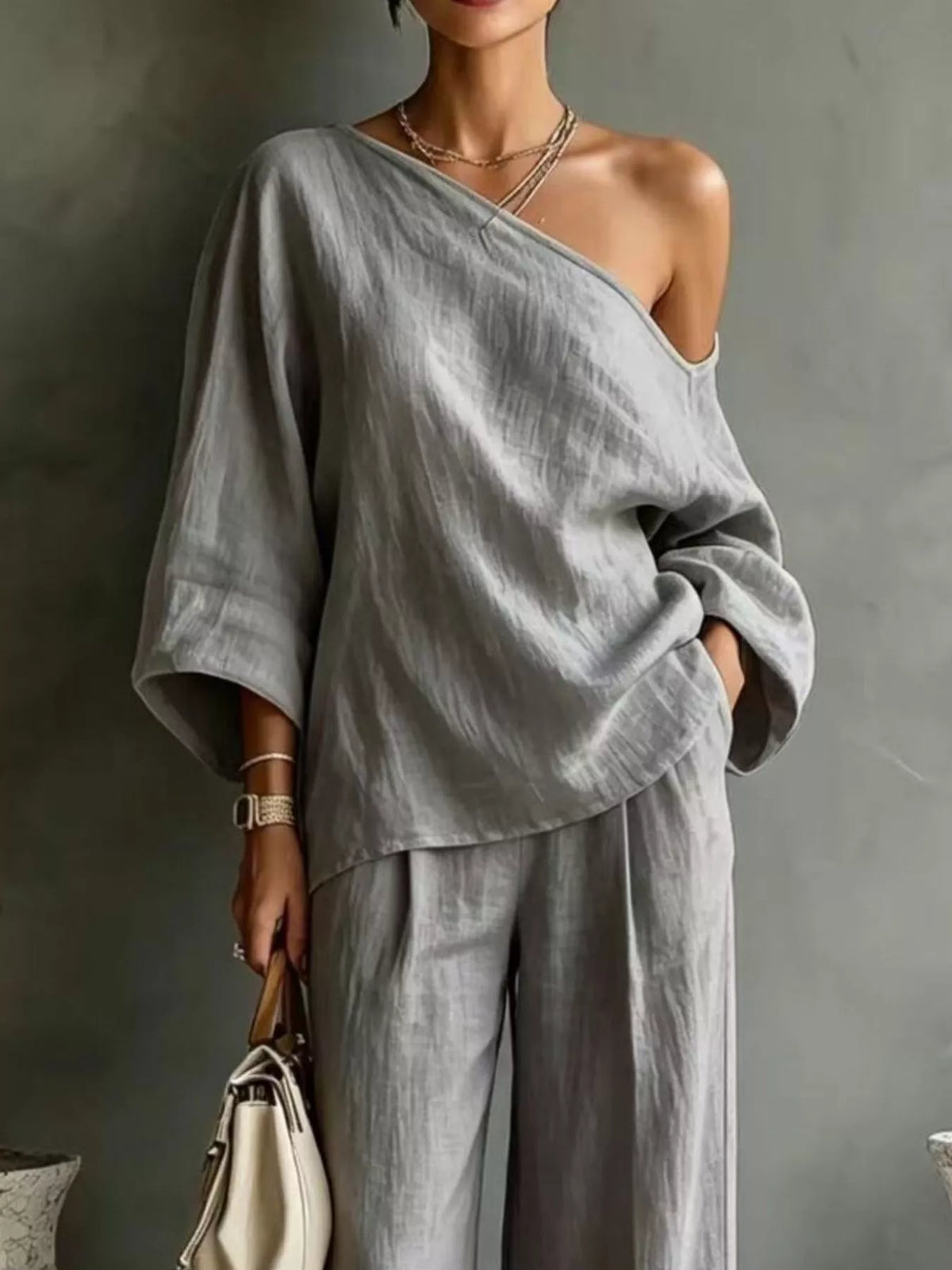One Shoulder Top and Wide Leg Pants Set - Gray - View 2