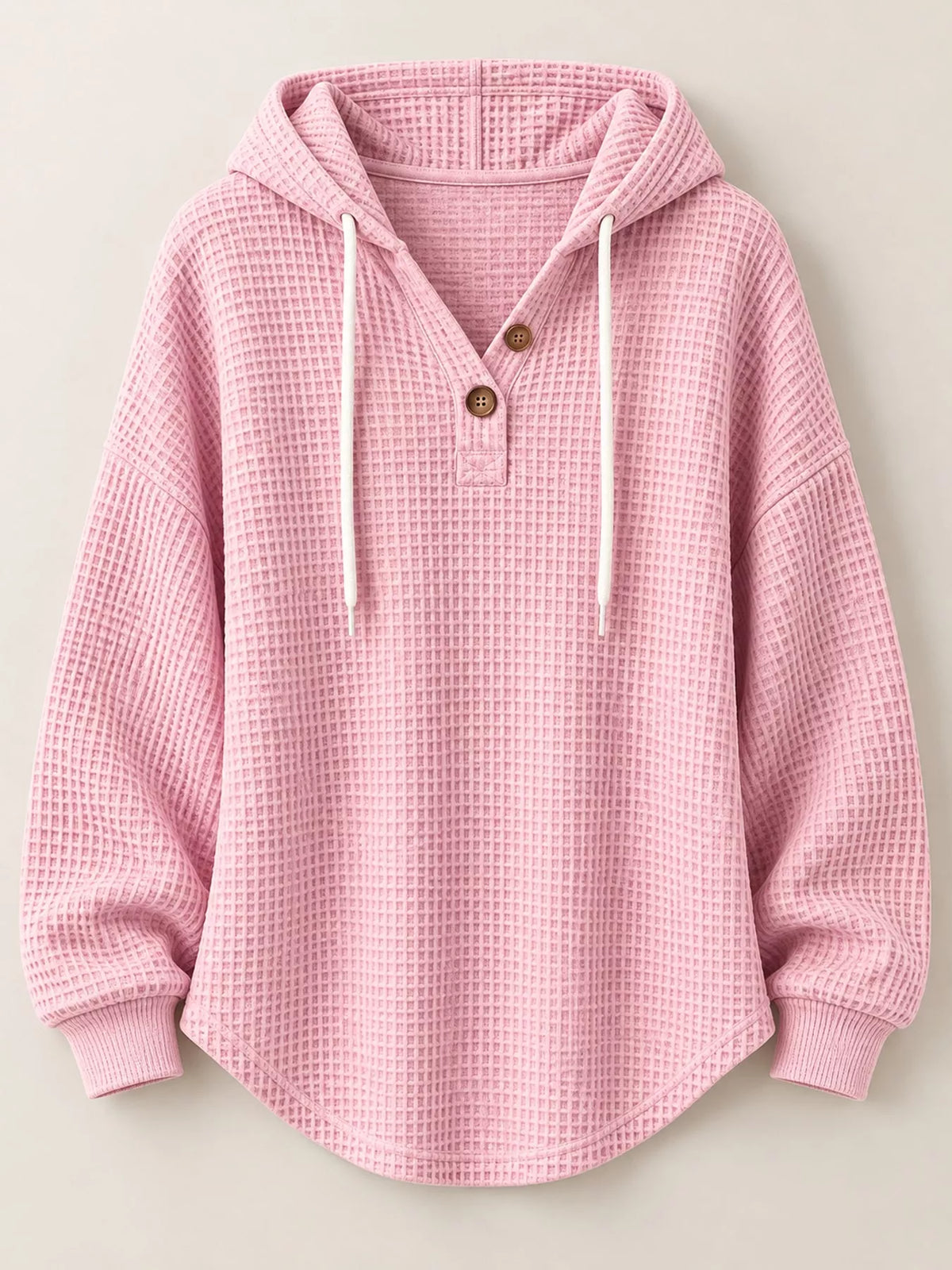 Full Size Waffle Knit Button Detail Hoodie Plus Size - Pink - View 18