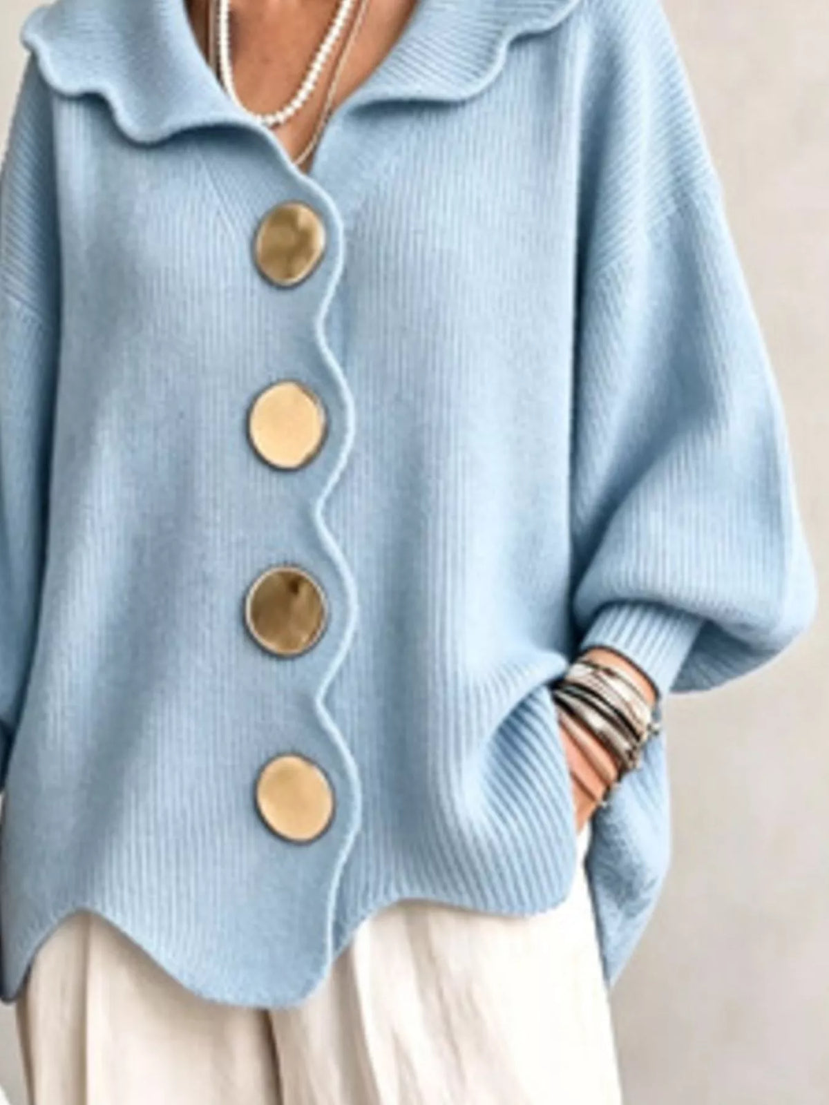 Full Size Scalloped-Edge Button-Down Cardigan Plus Size - Light Blue - View 2