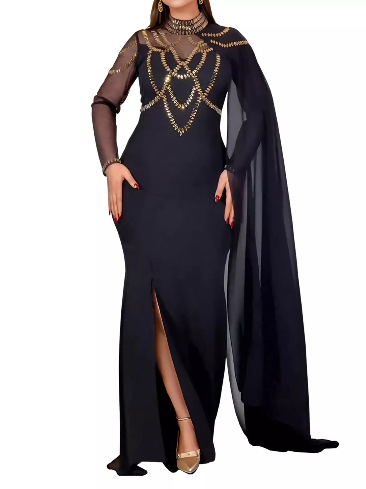 Rhinestone Slit Maxi Dress with Sheer Cape Sleeves - Gold - View 3