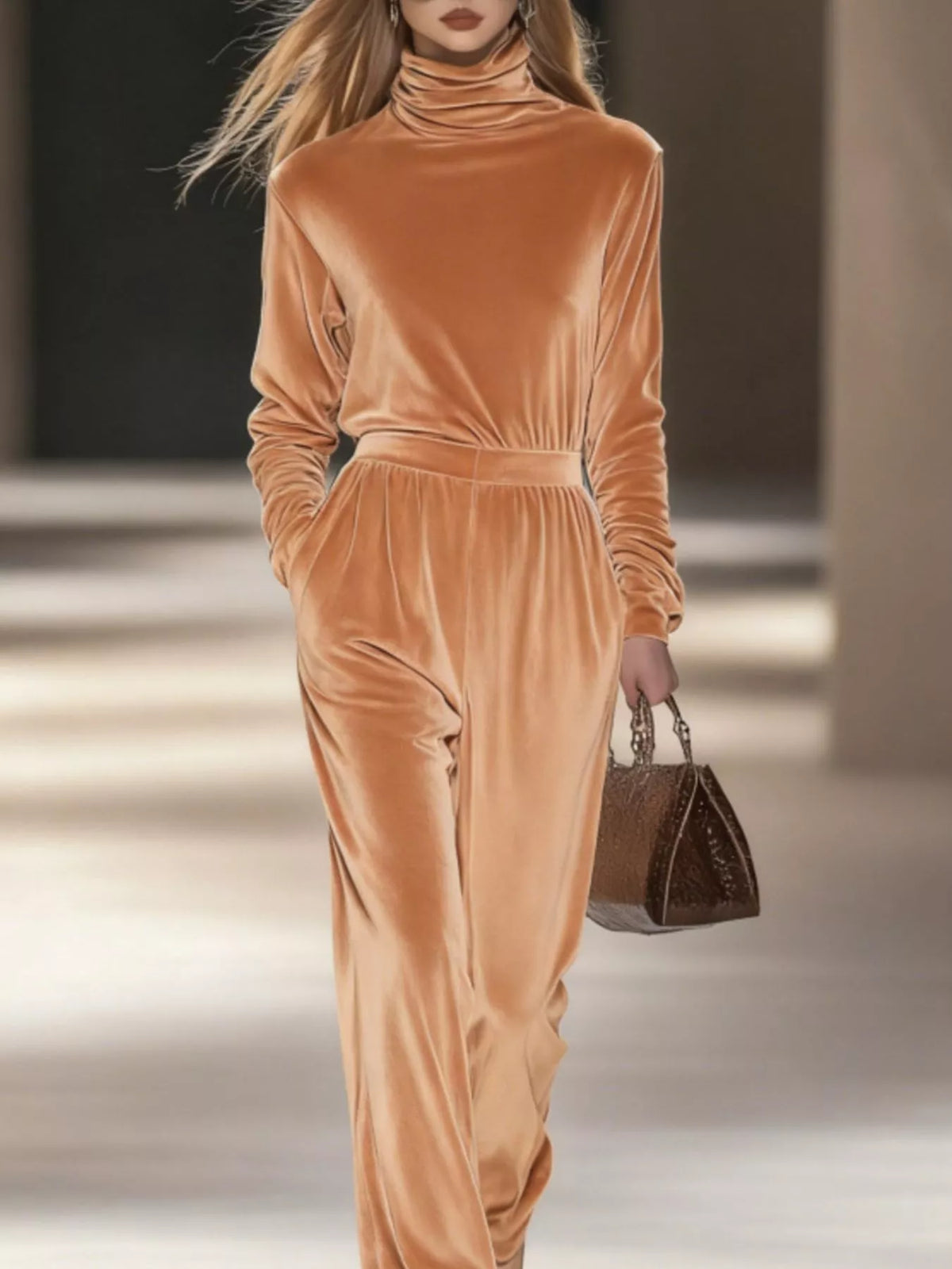 Full Size Velvet Turtleneck Long Sleeve Top and Wide-Leg Pants Set Plus Size - Khaki - View 1