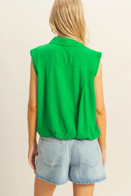 HYFVE Buttoned Front Sleeveless Collar Shirt - KELLY GREEN - View 3