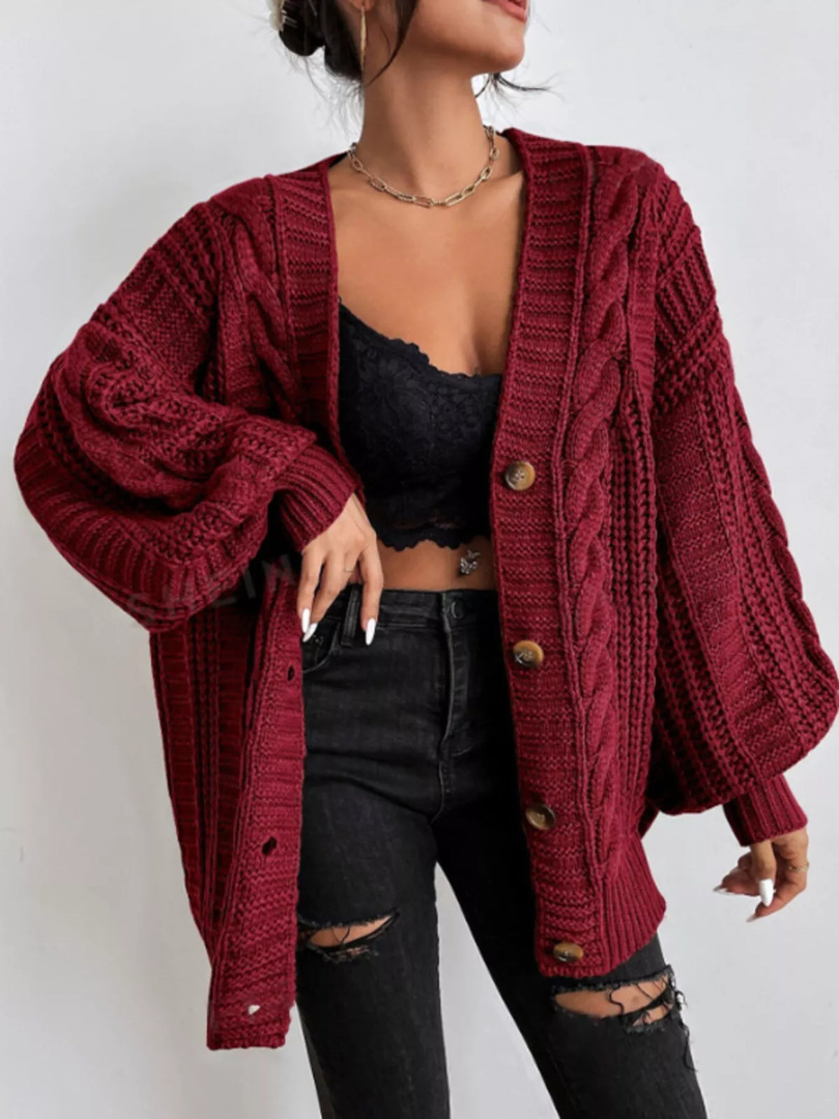 Cable Knit V-Neck Button-Down Cardigan - Deep Red - View 1