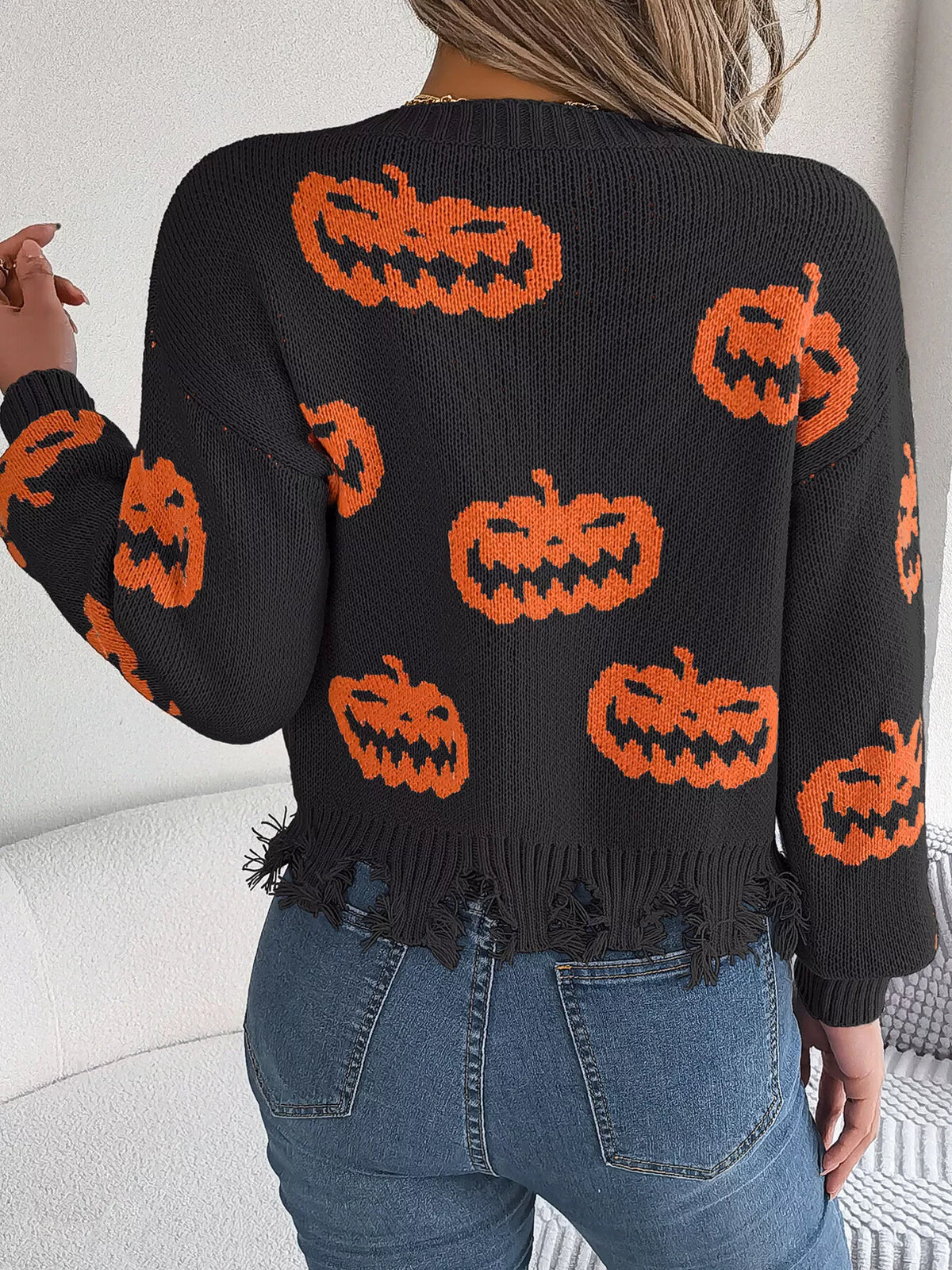 Pumpkin Distressed Hem Sweater - Black - View 7