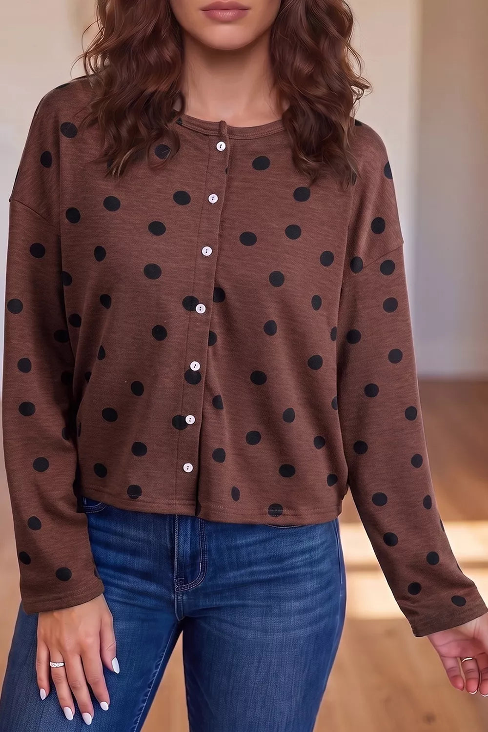 Polka Dot Button Front Long Sleeve Casual Shirt - Brown - View 1
