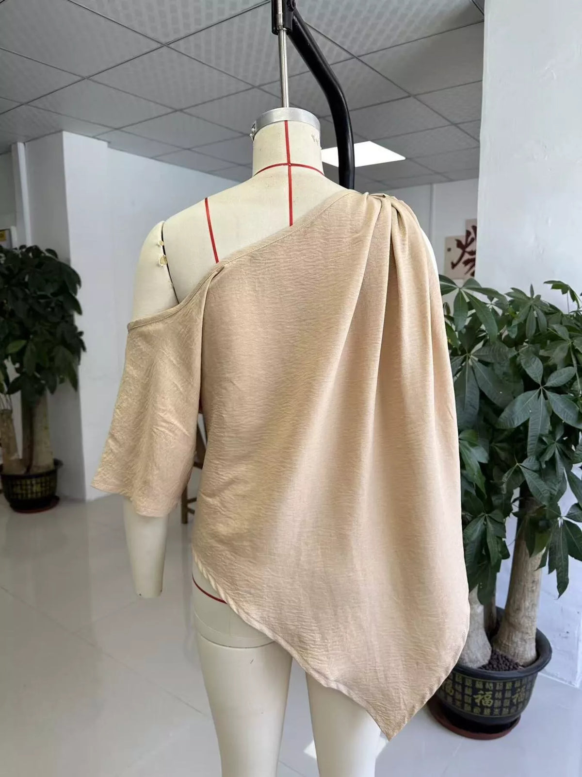 Full Size One-Shoulder Knot Detail Blouse Plus Size - Khaki - View 3