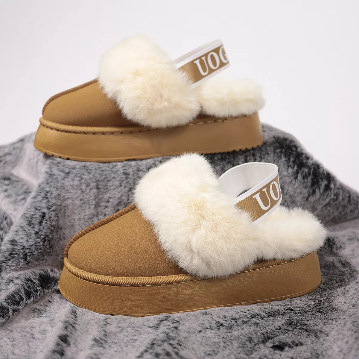 Round Toe Fur Trim Platform Slippers - Caramel - View 7