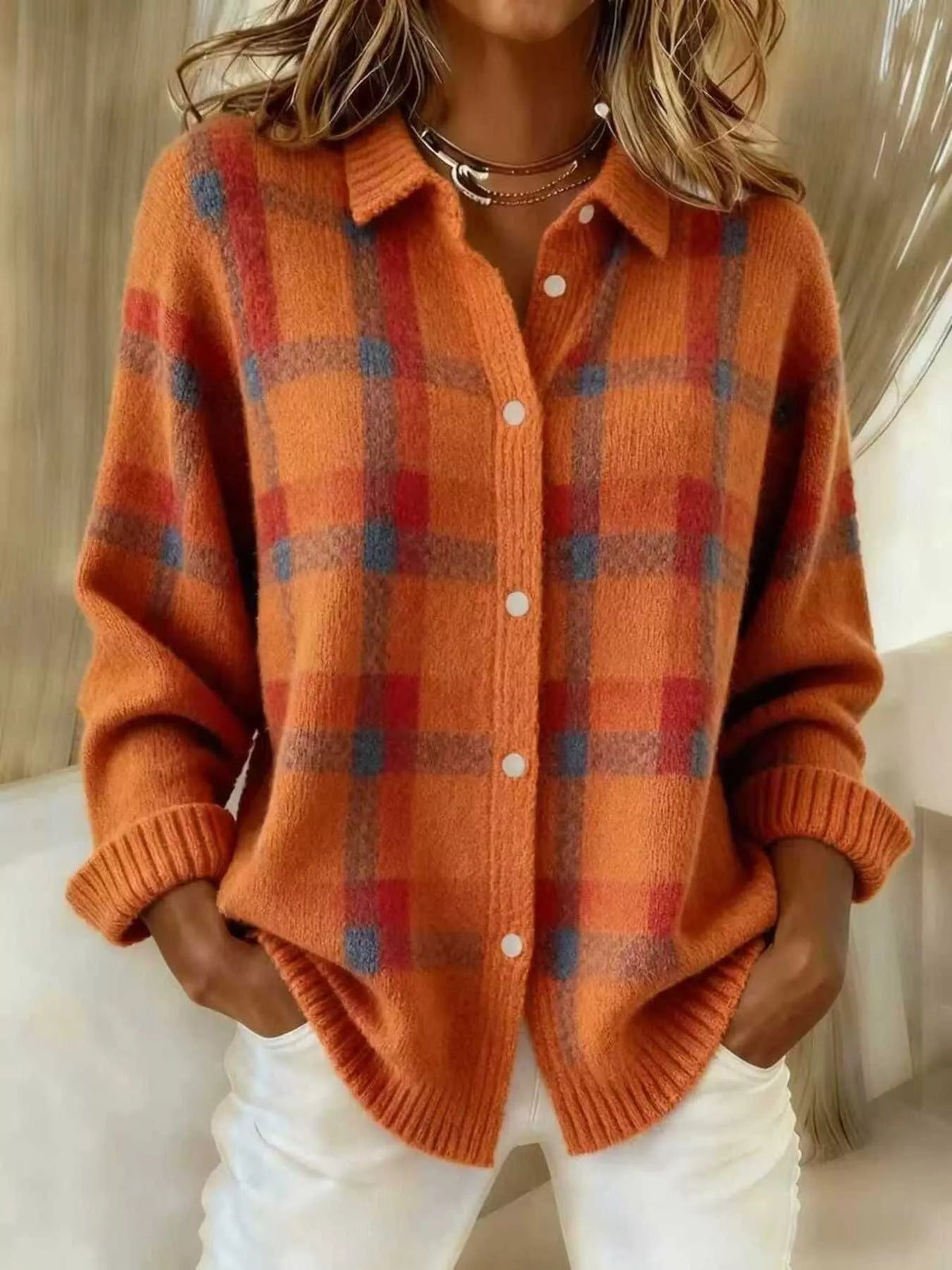Full Size Plaid Button-Down Knit Cardigan Plus Size - Orange - View 13