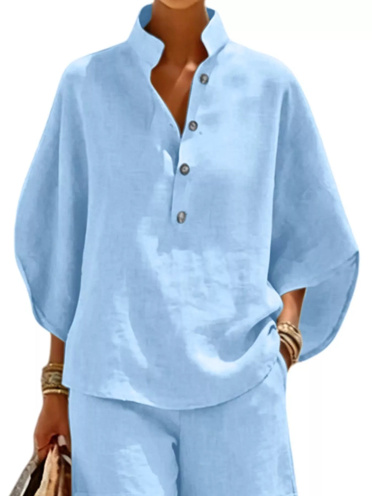 Full Size Button Detail Loose Fit Top and Shorts Set Plus Size - Sky Blue - View 2