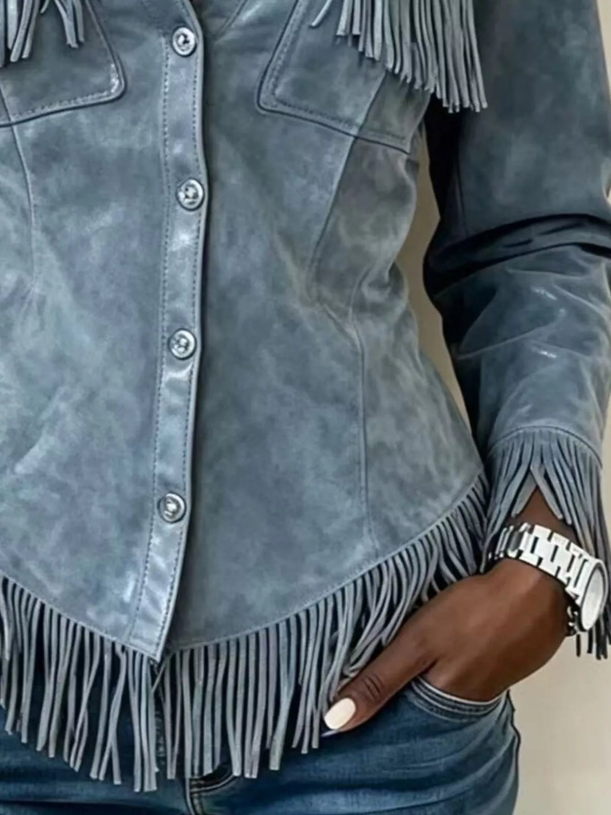 Full Size Fringed Snap Down Jacket Plus Size - Light Blue - View 3