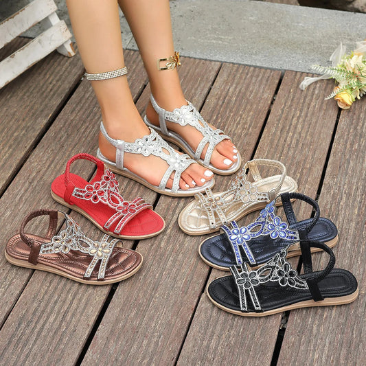 Rhinestone Embellished Flower Flat Sandals - All available color comparison - View 1
