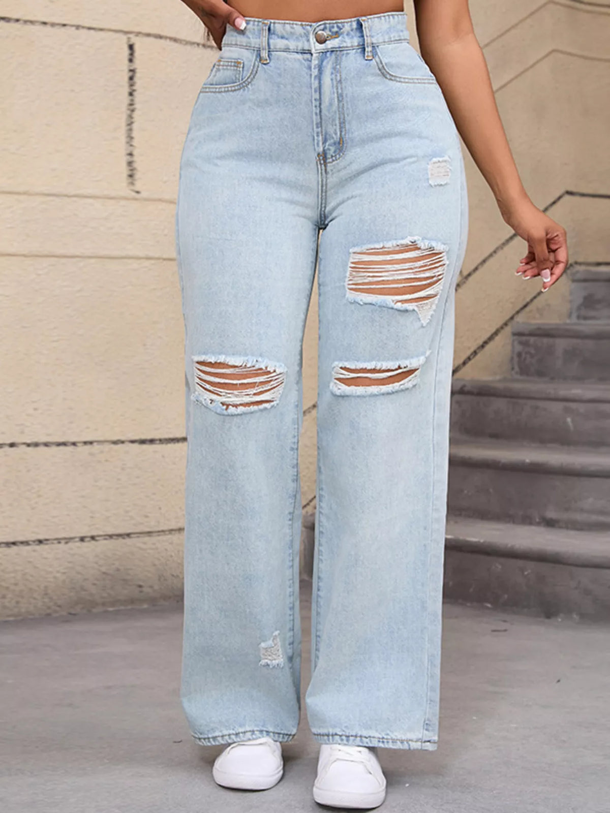 Distressed Wide-Leg Jeans - White Blue - View 4