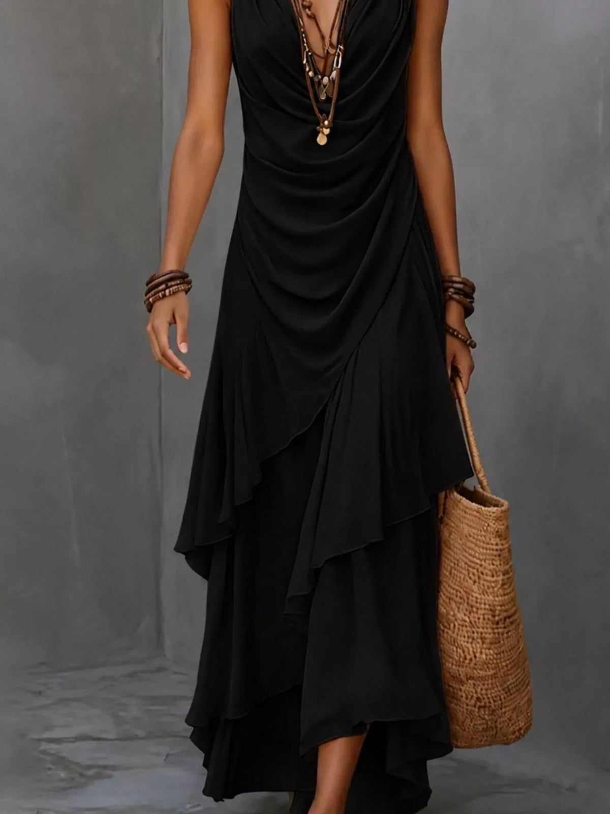 Sleeveless Layered Ruffle Hem Maxi Dress - Black - View 3