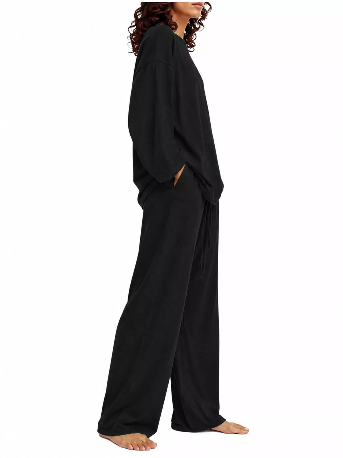 Full Size Round Neck Top and Drawstring Wide-Leg Pants Set Plus Size - Black - View 6