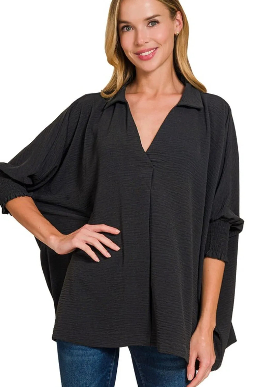 Zenana Airflow Collar Tee with Smocked Sleeve Band Top - BLACK - View 1