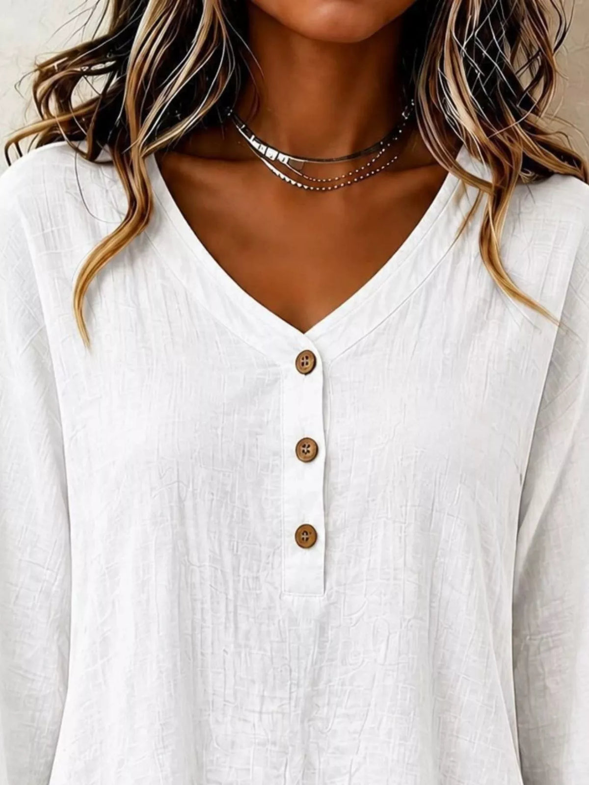 V-Neck Long Sleeve Button Detail Ruffled Hem Blouse - White - View 2