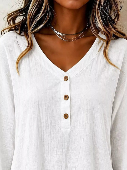 V-Neck Long Sleeve Button Detail Ruffled Hem Blouse - White - View 2