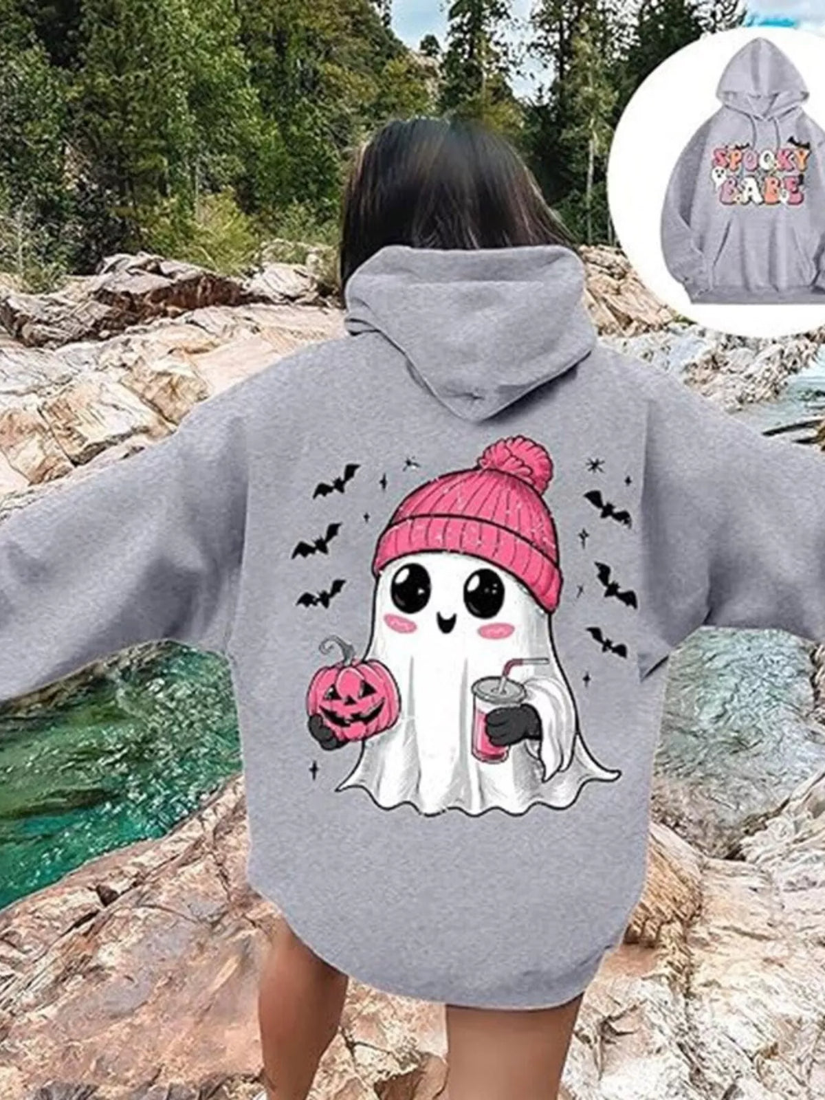 Full Size Halloween Graphic Long Sleeve Hoodie Plus Size - Gray - View 1