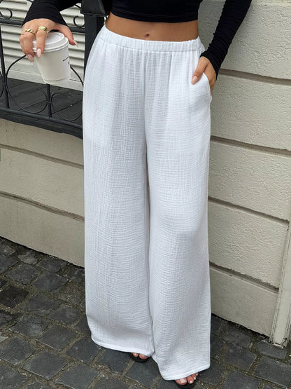 Textured Wide-Leg Casual Pants - White - View 1