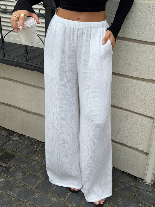 Textured Wide-Leg Casual Pants - White - View 1