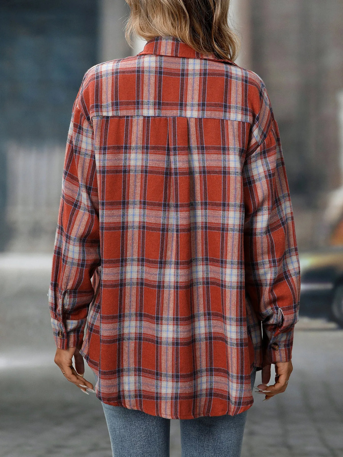 Plaid Button-Down Oversized Shirt - Caramel Color - View 11