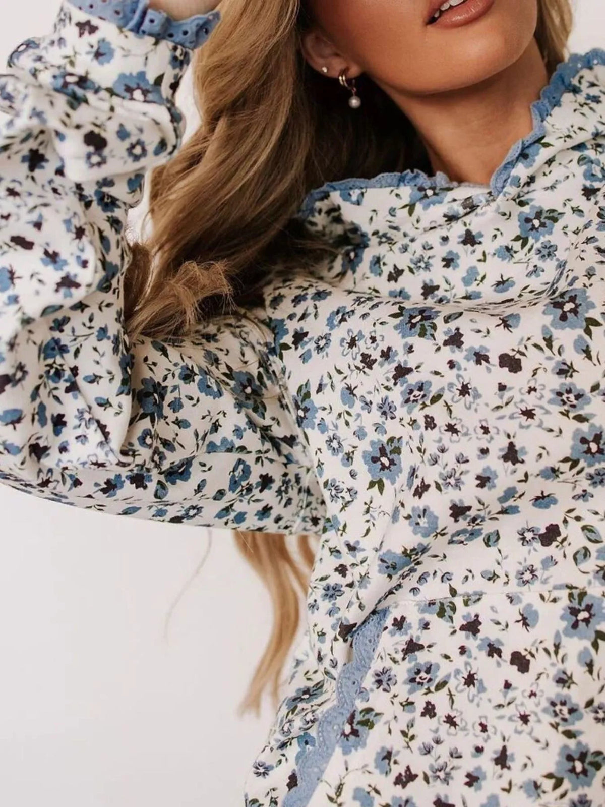 Lace Trim Kangaroo Pocket Hoodie - Floral - View 2