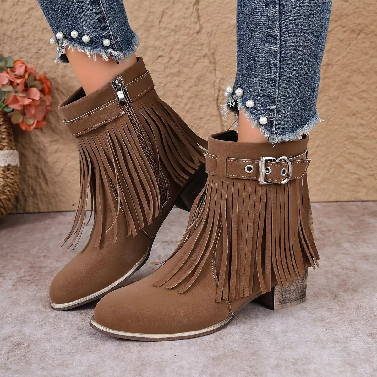Fringe Ankle Boots with Buckle Detail - Dark Brown - View 2