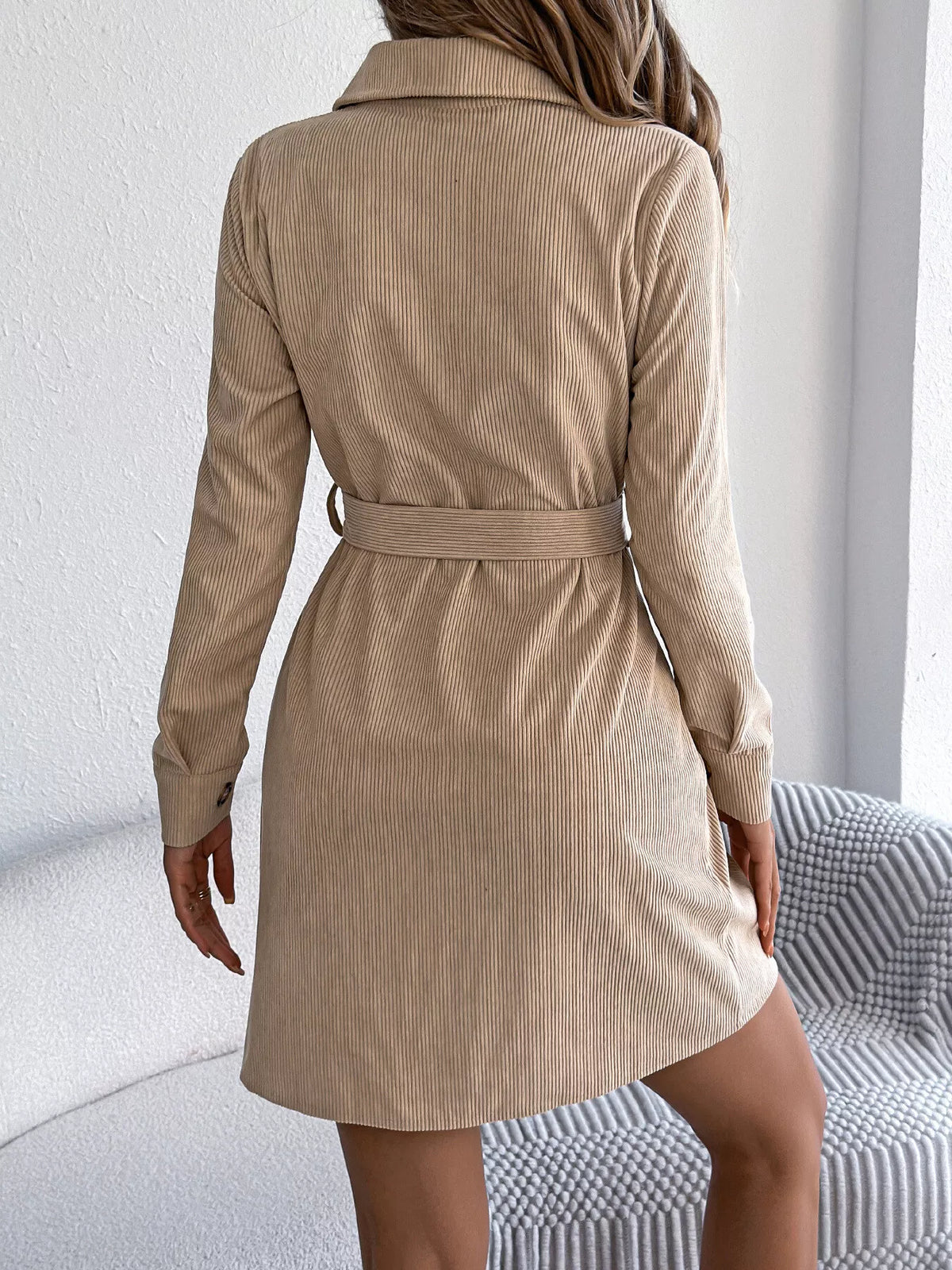 Corduroy Button-Down Shirt Dress - Khaki - View 4