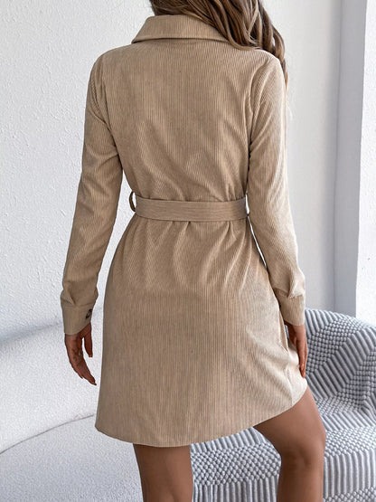 Corduroy Button-Down Shirt Dress - Khaki - View 4